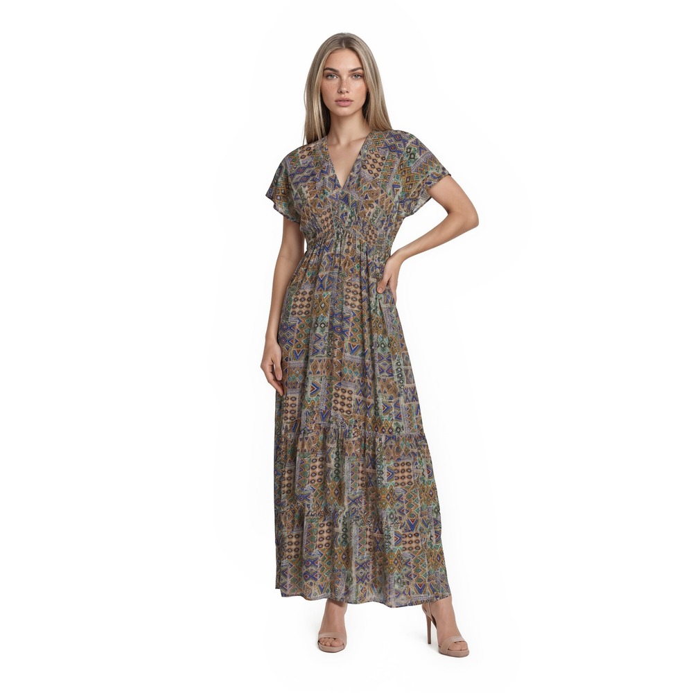 Blue Island Maxi Dress Women's Size Large Multi Geometric Ikat Smocked Waist